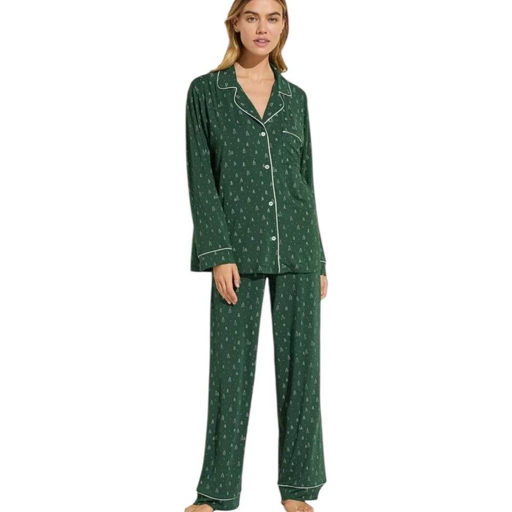 Eberjey Gisele Printed Long Sleeve Pajama Set Sz S Winterpine